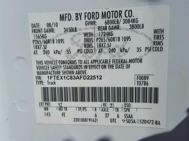 1FTEX1C83AFD22512 - 2010 FORD F150 SUPER WHITE photo 10