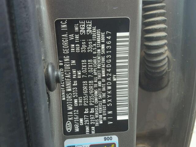 5XYKWDA24DG313647 - 2013 KIA SORENTO SX GRAY photo 10