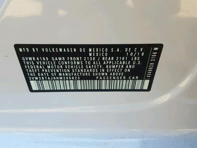3VW2B7AJ6HM265823 - 2017 VOLKSWAGEN JETTA S 白色 照片 10