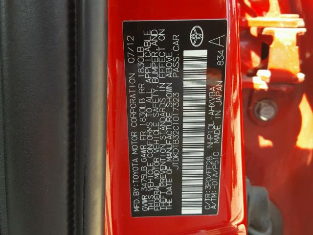 JTDKDTB32C1017323 - 2012 TOYOTA PRIUS C RED photo 10