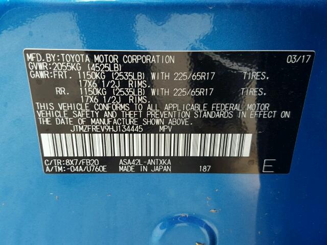 JTMZFREV9HJ134445 - 2017 TOYOTA RAV4 蓝色 照片 10