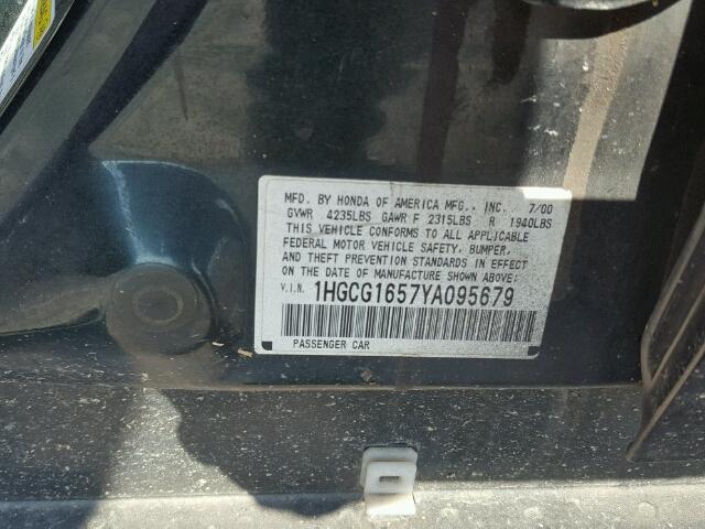 1HGCG1657YA095679 - 2000 HONDA ACCORD BLACK photo 10