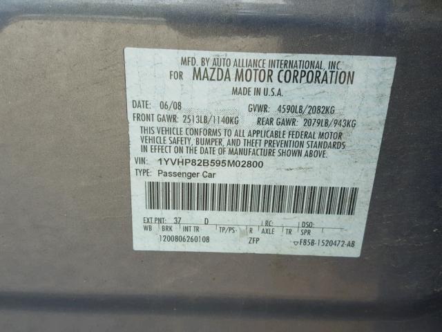 1YVHP82B595M02800 - 2009 MAZDA 6 S GRAY photo 10