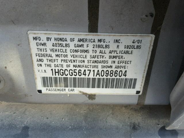 1HGCG56471A098604 - 2001 HONDA ACCORD SILVER photo 10