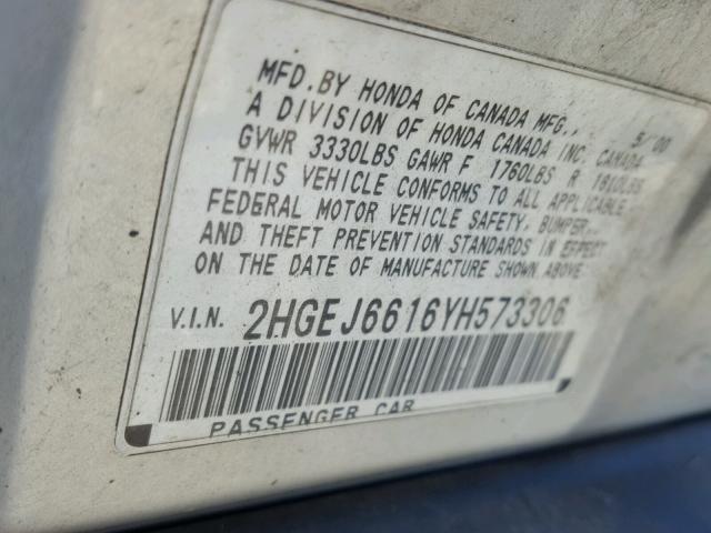 2HGEJ6616YH573306 - 2000 HONDA CIVIC BASE SILVER photo 10