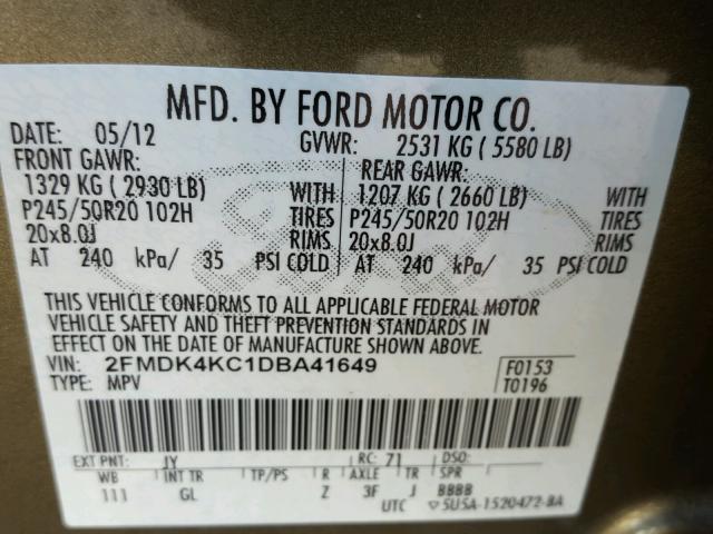 2FMDK4KC1DBA41649 - 2013 FORD EDGE LIMIT GREEN photo 10