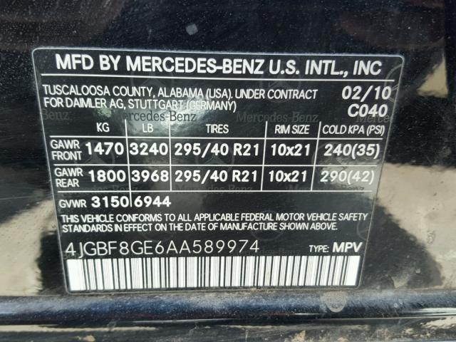 4JGBF8GE6AA589974 - 2010 MERCEDES-BENZ GL 550 4MA BLACK photo 10