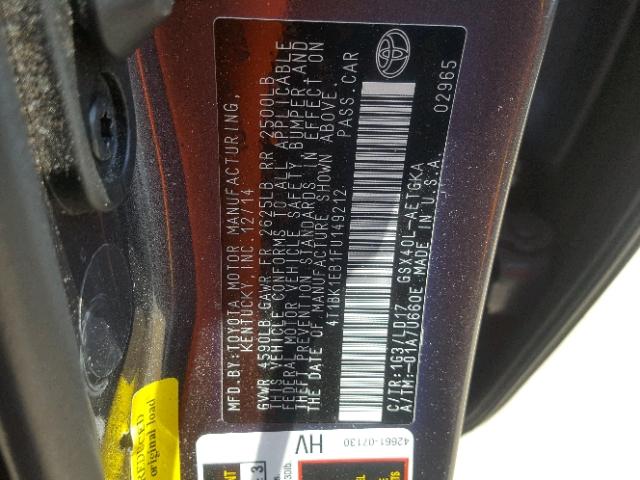 4T1BK1EB1FU149212 - 2015 TOYOTA AVALON XLE GRAY photo 10