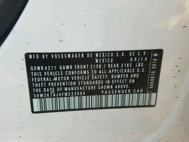3VW2K7AJ4FM223504 - 2015 VOLKSWAGEN JETTA BASE 白色 照片 10