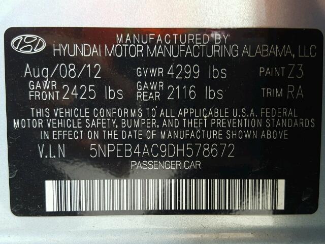 5NPEB4AC9DH578672 - 2013 HYUNDAI SONATA GLS SILVER photo 10