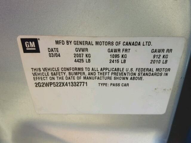 2G2WP522X41332771 - 2004 PONTIAC GRAND PRIX SILVER photo 10