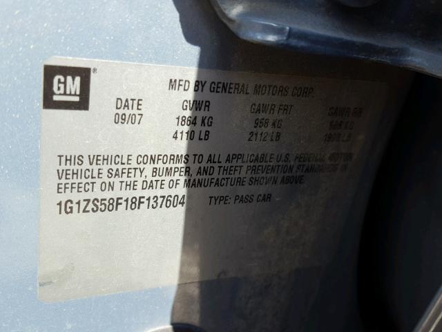 1G1ZS58F18F137604 - 2008 CHEVROLET MALIBU LS ლურჯი ფოტო 10