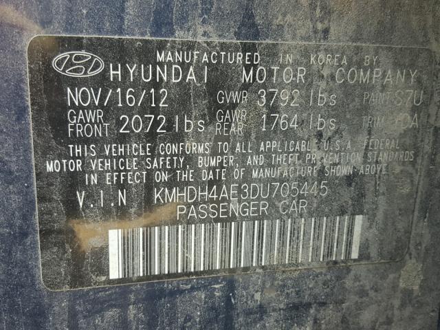 KMHDH4AE3DU705445 - 2013 HYUNDAI ELANTRA GL BLUE photo 10