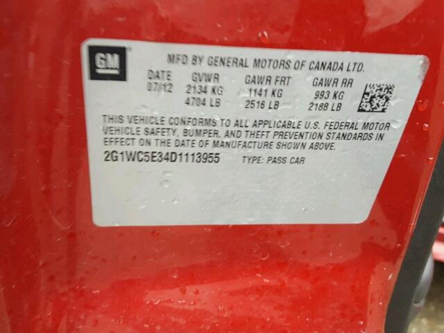 2G1WC5E34D1113955 - 2013 CHEVROLET IMPALA RED photo 10