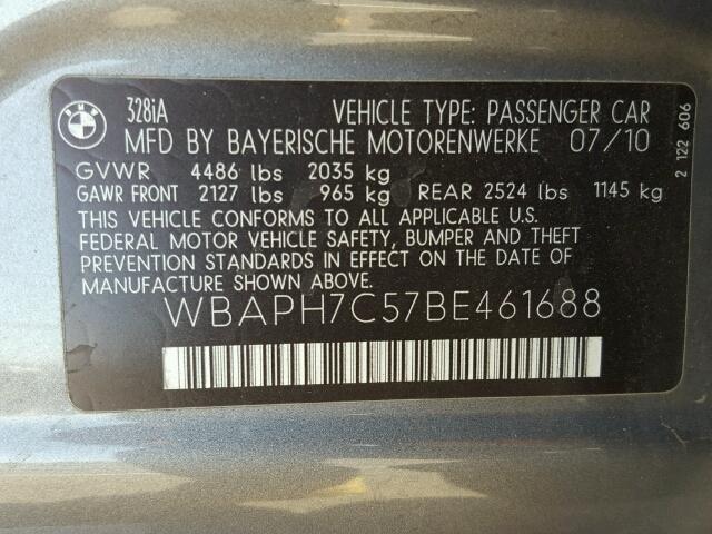 WBAPH7C57BE461688 - 2011 BMW 328 I CHARCOAL photo 10