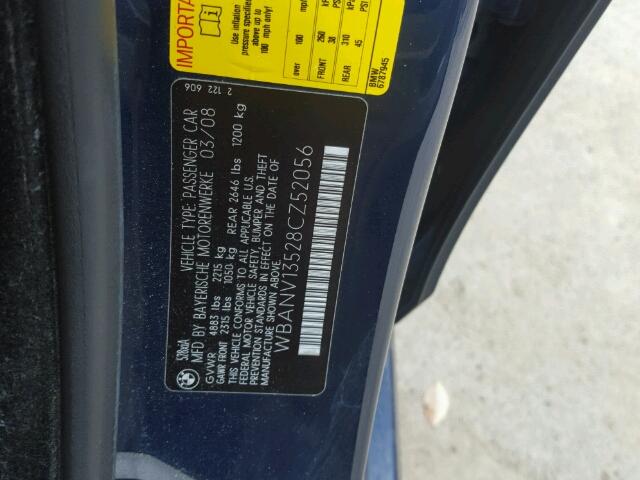 WBANV13528CZ52056 - 2008 BMW 528 BLUE photo 10