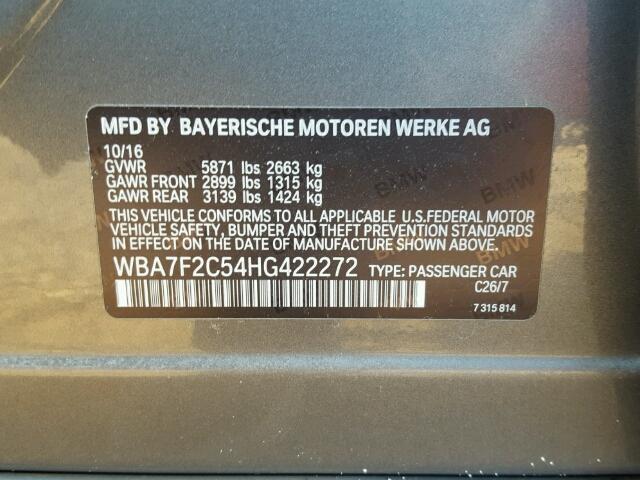 WBA7F2C54HG422272 - 2017 BMW 750 XI GRAY photo 10