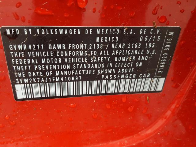 3VW2K7AJ1FM410697 - 2015 VOLKSWAGEN JETTA BASE Կարմիր լուսանկար 10