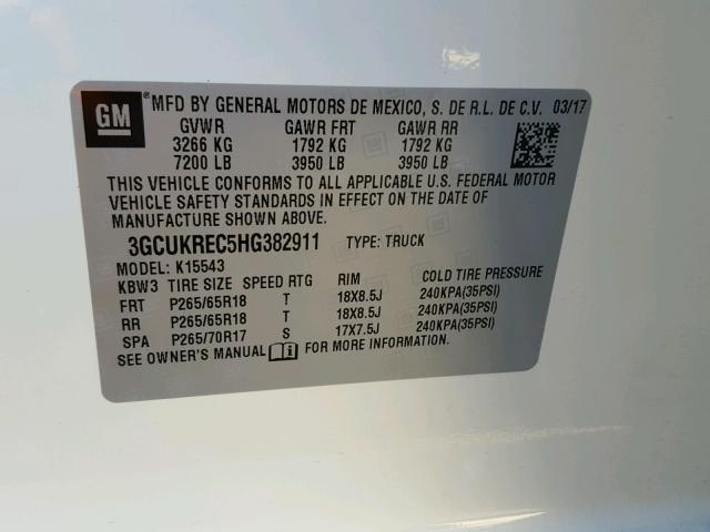 3GCUKREC5HG382911 - 2017 CHEVROLET SILVERADO WHITE photo 10