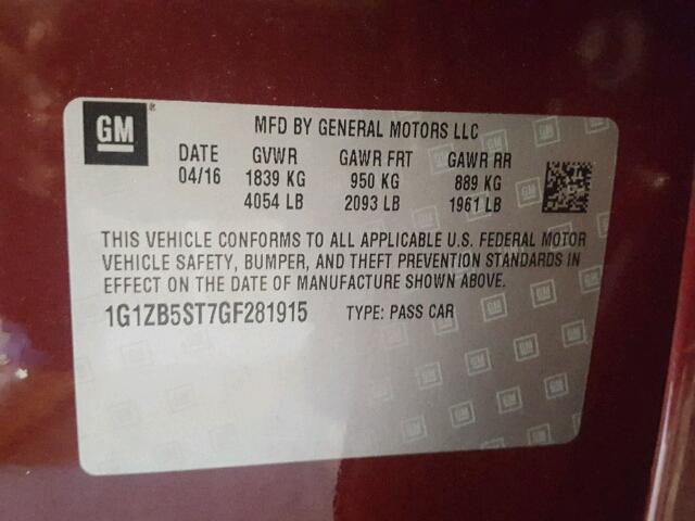 1G1ZB5ST7GF281915 - 2016 CHEVROLET MALIBU LS BURGUNDY photo 10