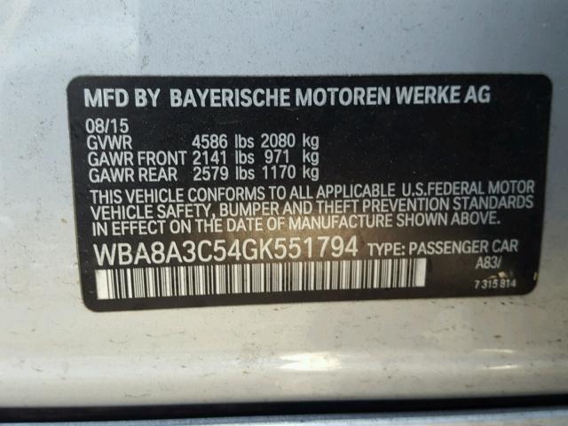 WBA8A3C54GK551794 - 2016 BMW 320 XI SILVER photo 10