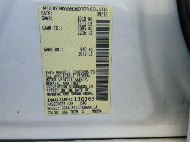 1N4AL3AP6EC136363 - 2014 NISSAN ALTIMA WHITE photo 10