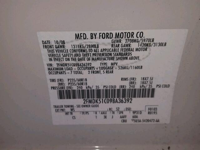 2FMDK51C09BA36392 - 2009 FORD FLEX WHITE photo 10