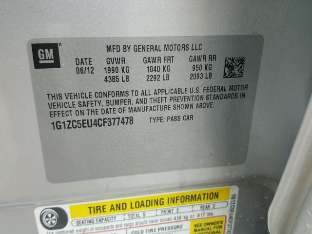 1G1ZC5EU4CF377478 - 2012 CHEVROLET MALIBU 1LT SILVER photo 10