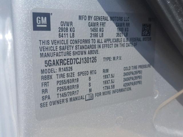 5GAKRCED7CJ130126 - 2012 BUICK ENCLAVE SILVER photo 10