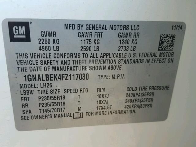 1GNALBEK4FZ117030 - 2015 CHEVROLET EQUINOX LT CREAM photo 10