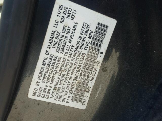 5FNRL38616B413340 - 2006 HONDA ODYSSEY GRAY photo 10