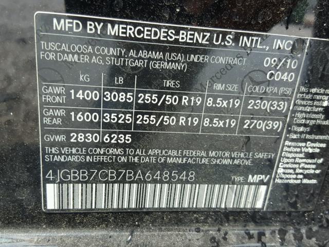 4JGBB7CB7BA648548 - 2011 MERCEDES-BENZ ML 550 4MA BLACK photo 10