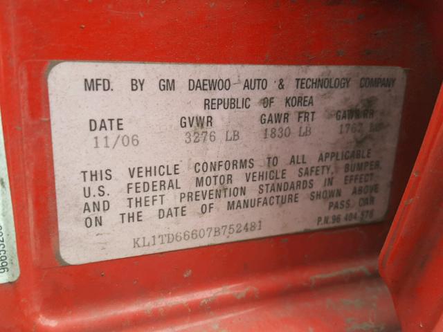 KL1TD66607B752481 - 2007 CHEVROLET AVEO BASE Қызыл фото 10