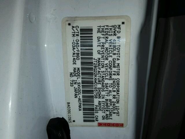 JT2BG22K4W0165758 - 1998 TOYOTA CAMRY CE WHITE photo 10