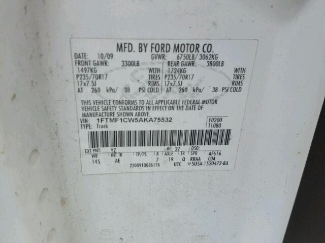 1FTMF1CW5AKA75532 - 2010 FORD F150 WHITE photo 10