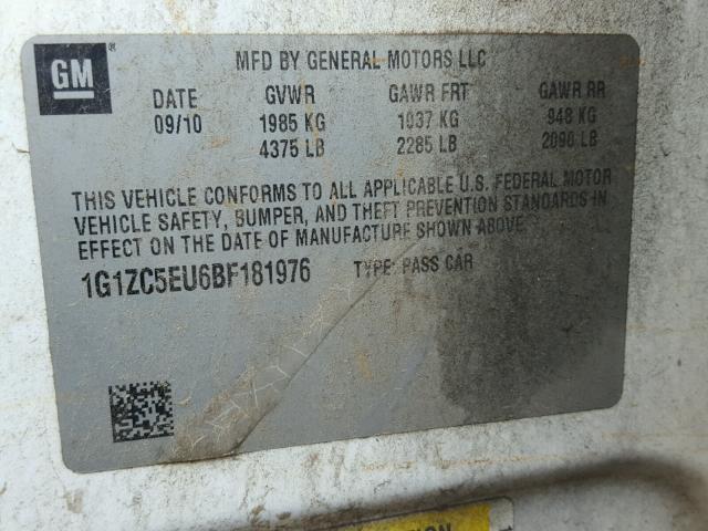 1G1ZC5EU6BF181976 - 2011 CHEVROLET MALIBU 1LT WHITE photo 10