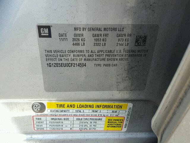 1G1ZE5EU0CF214594 - 2012 CHEVROLET MALIBU LTZ 银色 照片 10