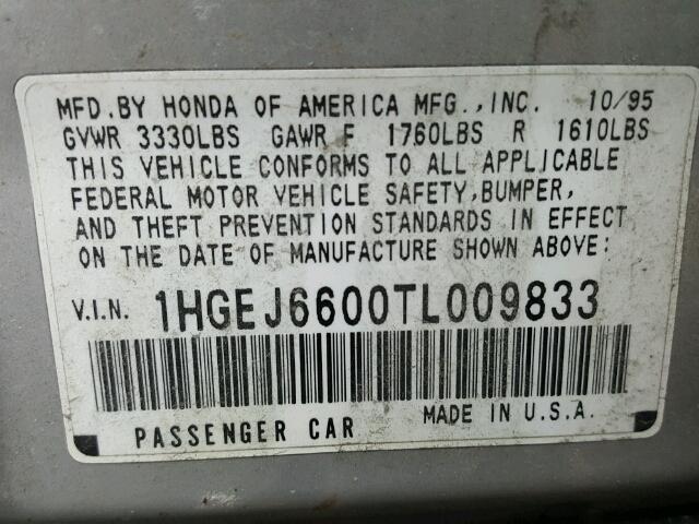 1HGEJ6600TL009833 - 1996 HONDA CIVIC SILVER photo 10