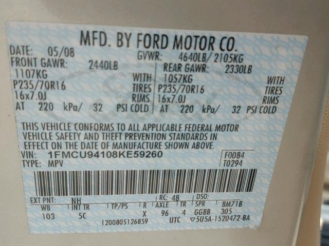 1FMCU94108KE59260 - 2008 FORD ESCAPE WHITE photo 10