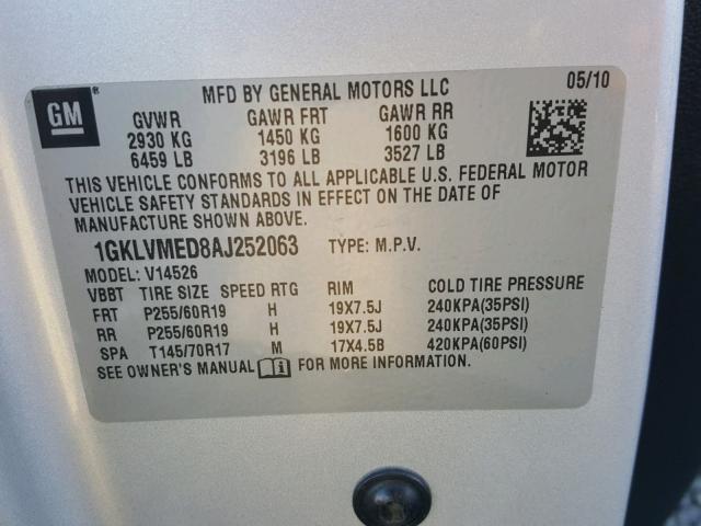 1GKLVMED8AJ252063 - 2010 GMC ACADIA SLT Gümüş foto 10