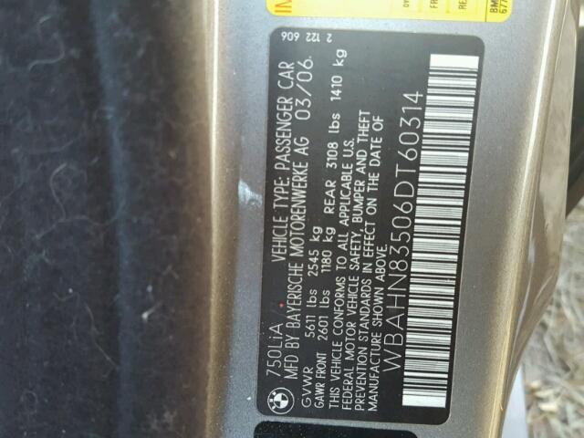 WBAHN83506DT60314 - 2006 BMW 750 LI GRAY photo 10