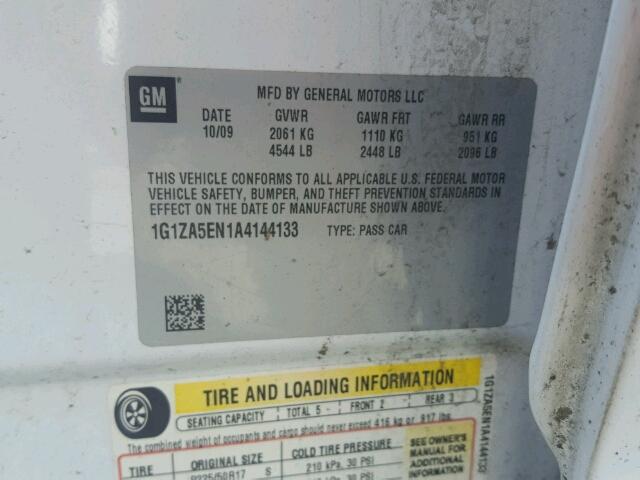 1G1ZA5EN1A4144133 - 2010 CHEVROLET MALIBU LS თეთრი ფოტო 10