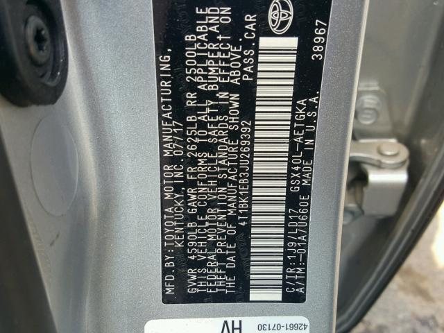 4T1BK1EB3JU269392 - 2018 TOYOTA AVALON XLE SILVER photo 10