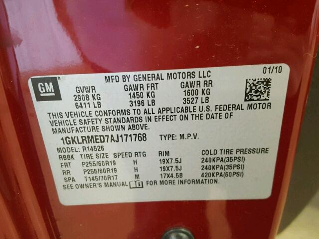 1GKLRMED7AJ171768 - 2010 GMC ACADIA SLT 栗色 照片 10