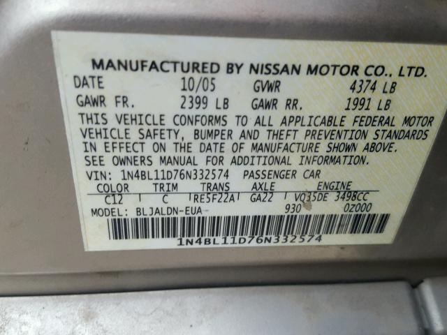 1N4BL11D76N332574 - 2006 NISSAN ALTIMA SE TAN photo 10