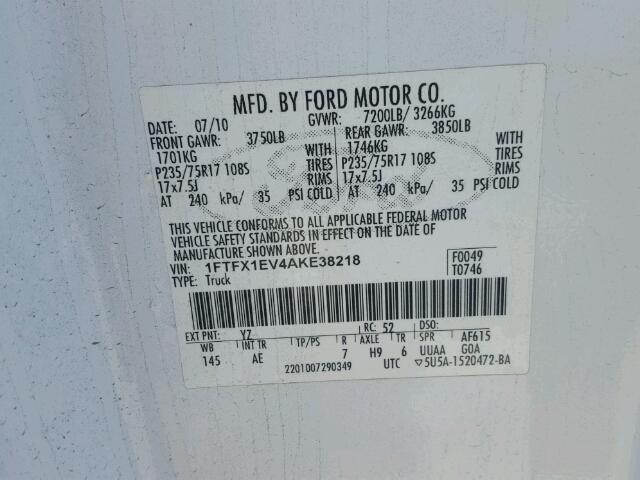 1FTFX1EV4AKE38218 - 2010 FORD F150 WHITE photo 10