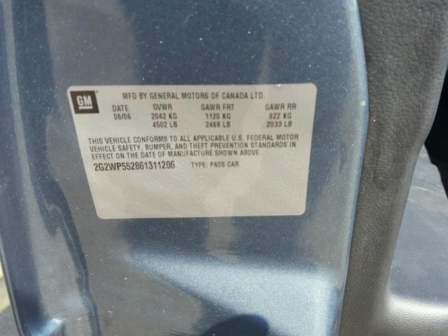 2G2WP552861311206 - 2006 PONTIAC GRAND PRIX BLUE photo 10