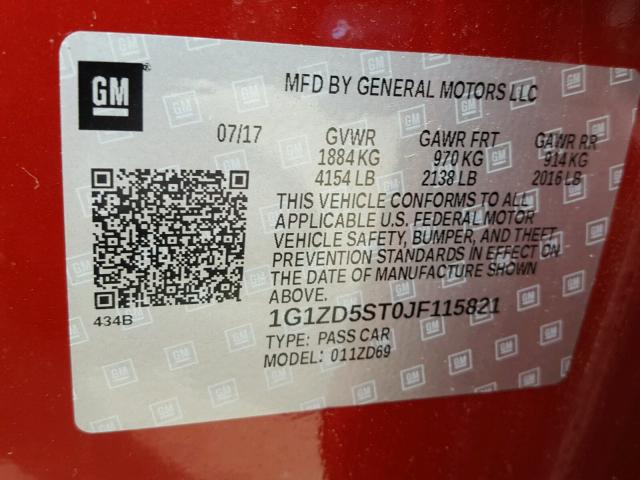 1G1ZD5ST0JF115821 - 2018 CHEVROLET MALIBU LT RED photo 10