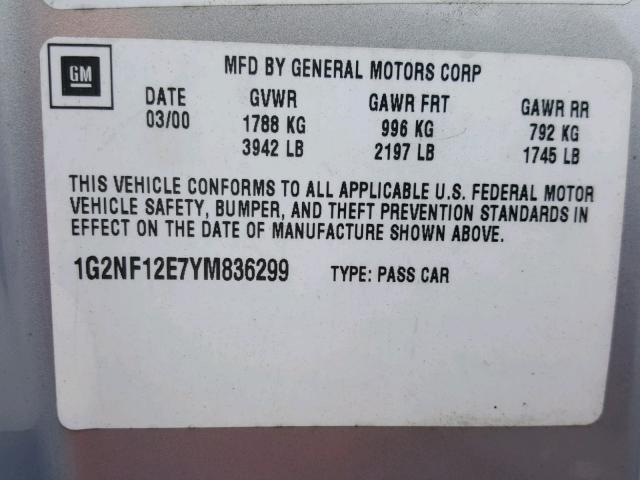 1G2NF12E7YM836299 - 2000 PONTIAC GRAND AM S Gümüş foto 10