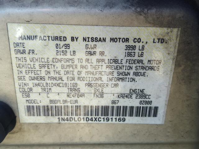 1N4DL01D4XC191169 - 1999 NISSAN ALTIMA GOLD photo 10